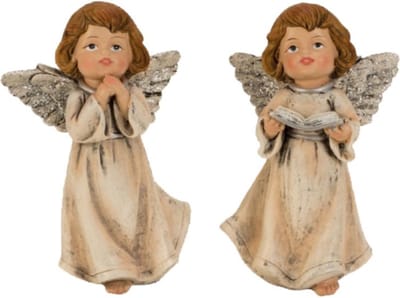 Kersthuisjebestellen - Set van 2 staande engeltjes met glittervleugel - Kerstengel - Decoratie Engel - Kerstbeeldjes - H=13,5cm