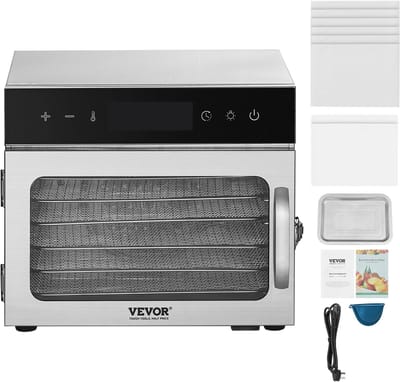 Voedseldroger Machine-6 Roestvrijstalen Schalen, 400W Elektrische Voedseldroger met Instelbare Temperatuur en 24-uurs Timer.