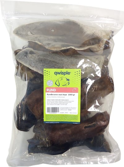 Qwisple Runderoren met Haar - Gedroogde Natuurlijke Hondensnacks - 1000 gr