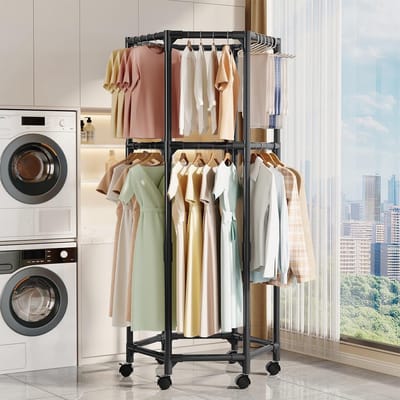 Dubbel Laags Hexagonaal Droogrek met 360 Graden Rotatie en Verplaatsbare Bodem voor Thuis, Slaapkamer en Balkon, Ideaal voor Kleding en Handdoeken