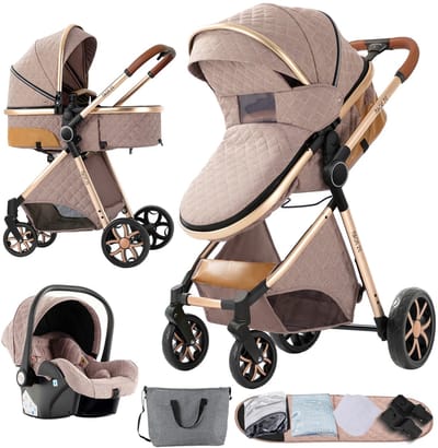 Mila Shop Kinderwagen 3 in 1 - Autostoel - Draagbaar - Snel vouwsysteem - Luiertas - Opbergmand - In hoogte verstelbaar - Reiswieg - Luxe kinderwagen