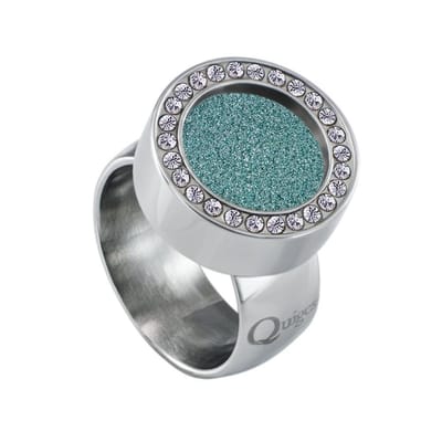 Quiges RVS Schroefsysteem Ring met Zirkonia Zilverkleurig Glans 16mm met Verwisselbare Glitter Turkoois 12mm Mini Munt