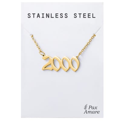 Jaartal 2000 Ketting Goudkleurig - Stainless Steel - Sieraad op Cadeau Kaartje - Jaar Hanger - Pax Amare