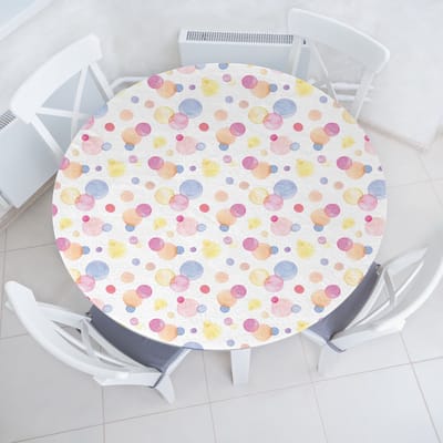 ABAKUHAUS pastel elastisch rond tafelkleed, aquareldruppels, allround elastisch tafelkleed, 90 cm - 100 cm, blauw paars geel