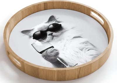 Dienblad rond 40x40 cm - Schootdienblad hout - Kat - Zonnebril - Wijnglas - Langharig - Borrelplank rechthoek - Plateau houten dienbladen