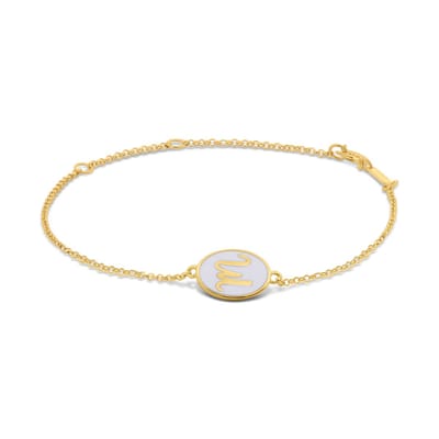 New Bling 9LA-20058-M Zilveren Armbandje met Letter - M - Ovaal - 12x8,6mm - Wit - Zilver - 16+2+3cm - Verguld/Goud op Zilver
