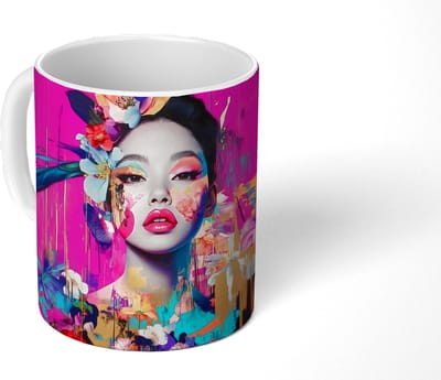 Mok - Koffiemok - Vrouw - Portret - Abstract - Paars - Mokken - 350 ML - Beker - Koffiemokken - Theemok