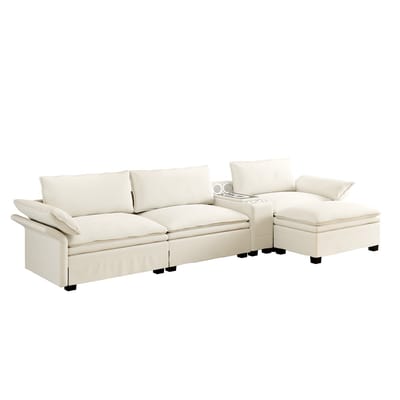 REDOM - Modulaire Hoekbank - Verplaatsbare Ottomaan En Opbergconsole - Verstelbare Armleuningen - Woonkamer - Chenille - Beige/Wit - 315 x 70 x 85 cm