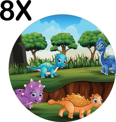 Luxe Ronde Placemat - Vrolijke Cartoon Dino's - Set van 8 Placemats - 50x50 cm - 2 mm dik Vinyl - Anti Slip - Afneembaar