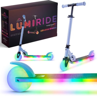 LUMI RIDE Kinderstep 2 wielen, Scooter voor kinderen vanaf 3 jaar, LED - 7 kleuren, 20 programma’s - 3 niveaus stuurverstelling, voetrem, afneembare handvatten (Blauw)