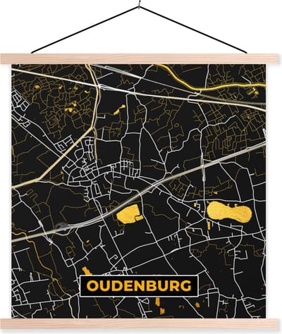 Posterhanger incl. Poster 40x40 cm - Schoolplaat - Oudenburg - Goud - Kaart - Stadskaart - Plattegrond - Textielposter - Blanke latten - Stadskaart