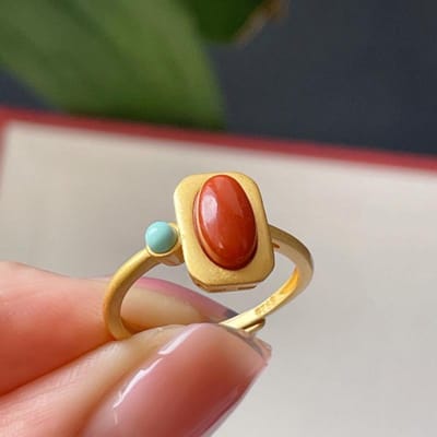Prachtige Artistieke Stijl Zuidelijke Rode Toermalijn Vierkante Ringen Voor Vrouwen Inleg Turquoise Eenvoudige Charm Sieraden Verstelbaar resizable brown