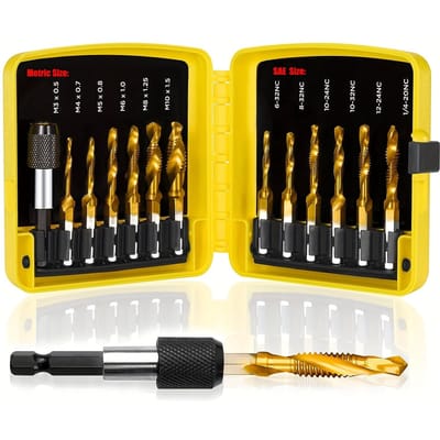 Veelzijdige 13-delige Titanium Boor-Tapschroef Bit Set, 3-in-1 Functionaliteit, Snelwissel, SAE/Metrisch