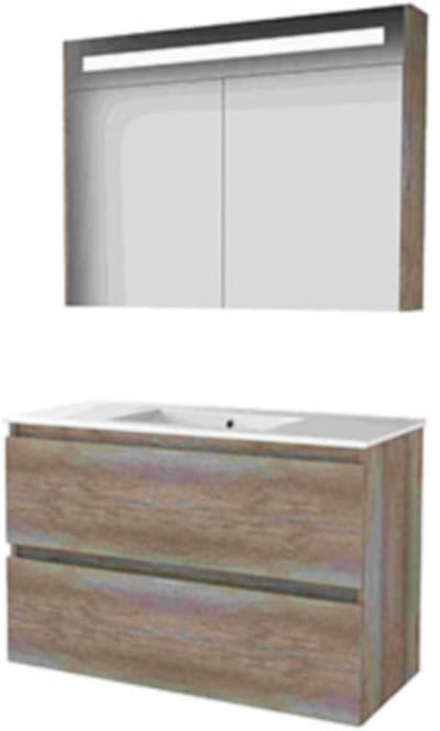 Basic-Line Premium 46 Badkamermeubelset - 100 x 46 cm - Greeploos - 2 Lades - Keramische Wastafel - 1 Kraangat - Spiegelkast met LED Verlichting - Scotch Oak