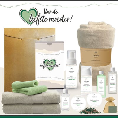 Geschenkset “Voor de liefste moeder!” - 13 producten - 2000 gram | Triomf Original - Giftset voor haar Cadeau Moederdag Luxe Wellness Pakket Vrouw Speciaal Cadeaupakket Geschenk Lieve Mama Verjaardag Kerst Kerstpakket Gift Set Beige Groen