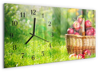 Tulup Wandklok - Een mand met appels Wandklok Glas Decoratie - 60x30 cm - Groente Gekleurde Glazen Klok - Zwarte Handen - Rechthoekige Wandklok - Gekleurde Glazen Klok - Glazen Klok Met Print