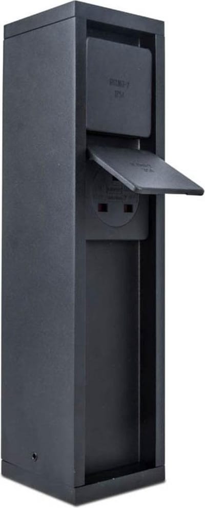 LUTEC Mains - Buitenstopcontact op zuil met pinaarding - Stekkerdoos - 2 Kleppen - Type E socket (Belgische versie) - IP54 extra weerbestendig - Mat zwart - 80 x 80 x 310 mm
