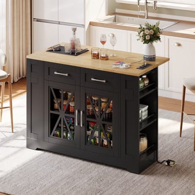 MODFU Keukenwagen & Keukeneiland – Uitschuifbaar werkblad – Stopcontacten met USB – Verrijdbaar – Opbergkast met glazen deuren – MDF – Zwart/Naturel – 120x40/65x92 cm