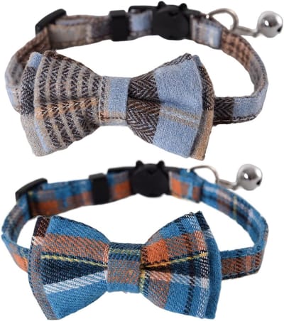 Kattenhalsband met Bel en Strik, 2 Stuks Ruitpatroon, Veiligheidsluiting met Snelle Ontgrendeling, Verstelbare en Comfortabele Halsband voor Huiskatten