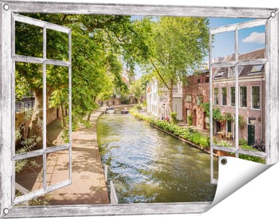 Gards Tuinposter Doorkijk Oudegracht in Utrecht - 90x60 cm - Tuindoek - Tuindecoratie - Wanddecoratie buiten - Tuinschilderij