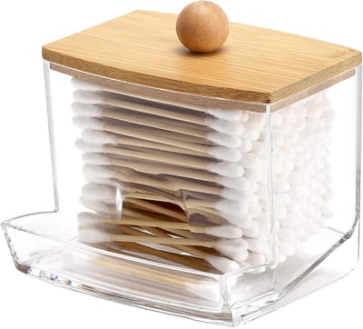 Daity Doosje voor wattenstaafjes met bamboe deksel - een transparant opbergaccessoire met grote capaciteit voor de badkamer - geschikt voor het bewaren van wattenstaafjes - wattenschijfjes - tandzijde - enz.