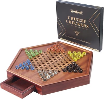 Verbeterde 15 inch Chinese dammen set - Houten speelbord met kleurrijke glazen ks en opberglade