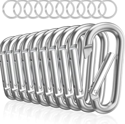10-Delig 78mm Zilver Karabijnhaken Set met 10 Sleutelringen - Musketonhaak Sleutelhangers voor Volwassenen - D Carabiners - Karabijn haak Keychain - Karabijnsluitingen en ringetjes - DIY Hobby Musketon Sluiting - Karabiners - Aluminium