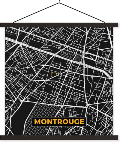 Posterhanger incl. Poster 60x60 cm - Schoolplaat - Montrouge - Plattegrond - Frankrijk - Kaart - Stadskaart - Textielposter - Zwarte latten - Stadskaart