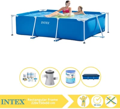 Intex Rechthoekig Frame Zwembad - 220 x 150 x 60 cm - Blauw - Inclusief Afdekzeil - Onderhoudspakket - Zwembadfilterpomp - Filter - 5-delig