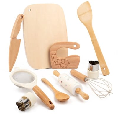 10-delige houten keukengereedschapset voor peuters, houten kinderveilige messen, educatief speelgoed, kinderbakset voor echt koken, Montessori keukengereedschap voor jongens en meisjes, rollenspel voor kleine chef-koks
