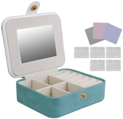 Dailygoods - Andiker Kleine sieradendoos met 10 zakjes, PU juwelendoos met ingebouwde spiegel en 4 afneembare roosters en 5 kleine ringhouders, sieradenorganizer voor halskettingen, oorbellen (groen)