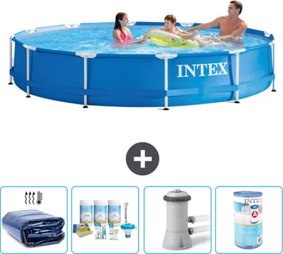 Intex Rond Frame Zwembad - 366 x 76 cm - Blauw - Inclusief Solarzeil - Onderhoudspakket - Zwembadfilterpomp - Filter - 5-delig