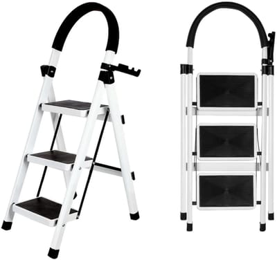 HomeGoodies - Huishoudtrap - Keukentrap - Opstapje - 3 treden - Met handsteun - lichtgewicht - 150kg draagvermogen - Wit