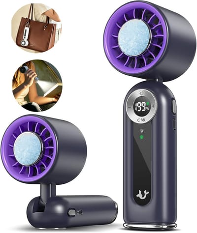 Handventilator Incl Extra Koelplaatfunctie - Koelende Mini-Handventilator - met LED-verlichting en haak - Draagbare Ventilator - USB-C Snel Opladen - Voor Kantoor, Reizen, Camping, Strand - paarsgrijs