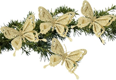 Kerstboomversiering Vlinder - 4x - 14 cm - goud glitter - op clip - ornament