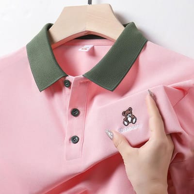 POLO d'été brodé ours pour hommes, nouveau Style, décontracté, Simple, à manches courtes, T-shirt à revers, hauts pour hommes, jeunes et d'âge moyen 4XL rose