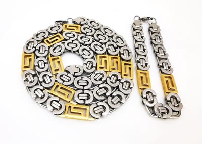 Set Konings-Schakel-ketting met armband- Chirurgisch Staal-Bicolor, ketting L 70 cm, armband 23 cm,-Br 10 mm