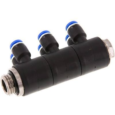 4mm x G1/4'' 6-way Manifold Messing/PA 66 Insteekfitting Buitendraad Draaibaar NBR