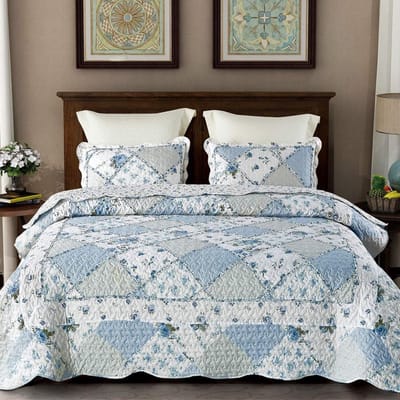 Famanu – Sprei - 220 x 240 cm - blauw - patchworkdeken - bedsprei - sprei met bloemenpatroon - sprei voor tweepersoonsbed - gewatteerde set met 2 kussenslopen - bed - sprei - omkeerbaar design