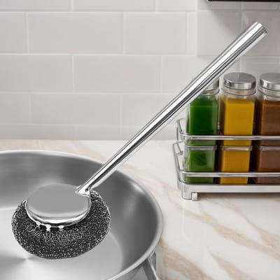 Roestvrijstalen reiniger - Schrobset - Keuken schoonmaken - Ergonomische grip - 31 cm lengte - Zilver