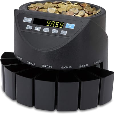 Aurixi® Munttelmachine met LED-Scherm – Digitale Spaarpot met Teller – 240V – Spaarpot Kluis – 300 Munten per Min – 8 Verzamelboxen – Muntenteller – Muntsorteerder - Zwart - 31cm x 35cm x 26cm