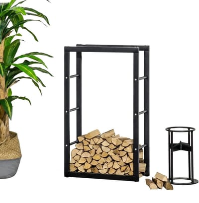 Allero Haardhout Rek - Buitenhaard Houtrek - Stevig Metaal - Houtopslag - Stabiel - 60x25x100 cm - Modern Design - Buiten - Binnen