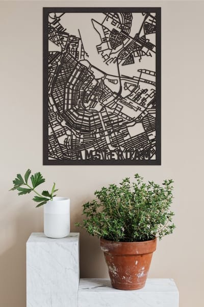 Houten Stadskaart Amsterdam Zwart Mdf 50x70cm Wanddecoratie Voor Aan De Muur City Shapes