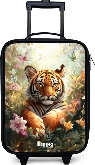 NoBoringSuitcases.com® - Kinderkoffer jongen - Kindertrolley meisje - Tijger in bloemenveld met vlinders en zonlicht - Koffer kind lichtgewicht - Reiskoffer trolley voor kinderen - Koffertje met lichtgevende wieltjes - Rolkoffer zwart