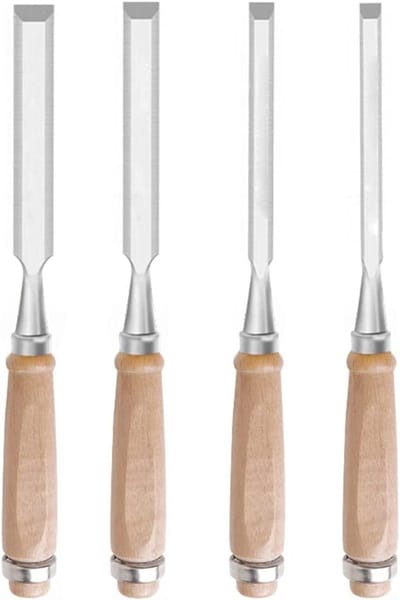 Houtbeitel Set - Beitelgereedschap Snijset - Houtbewerking Precisie - Chroomvanadium Staal - 6-18 Mm 4 Delig - Zilver Met Houten Handvat