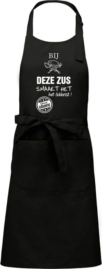 Cadeauschort - tekstschort - Keukenschort - BBQ schort - verjaardag - moederdag - het smaakt het lekkerst bij deze Zus - zwart