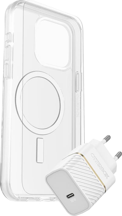 OtterBox KIT Apple iPhone 15 Pro Max (Symmetry Clear MagSafe / Premium Glass AM / EU USB-C Wall Charger 30W - white)