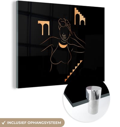 MuchoWow® Glasschilderij 160x120 cm - Schilderij acrylglas - Vrouw - Goud - Line art - Foto op glas - Schilderijen