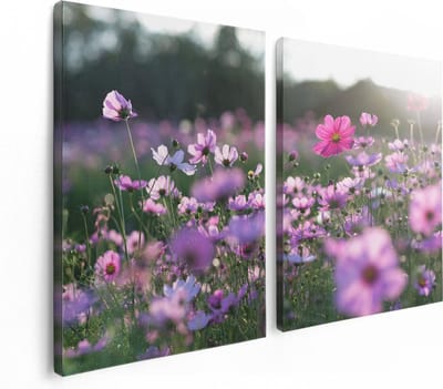 Artaza Canvas Schilderij Tweeluik Bloemenveld Met Paarse Kosmos  - 120x80 - Foto Op Canvas - Canvas Print
