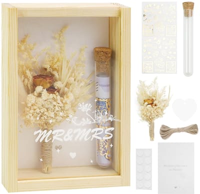 Dailygoods- Huwelijksgeschenk Uniek - Houten Doos - Droogbloemen - Reageerbuis - Wenskaart - Henneptouw - Creatief Cadeau